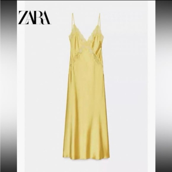 Zara Dresses & Skirts - ZARA Lemon Satin Slip Dress with Lace Trim